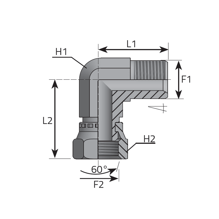 90° ADAPTER MALE NPT - SWIVEL FEMALE BSPP