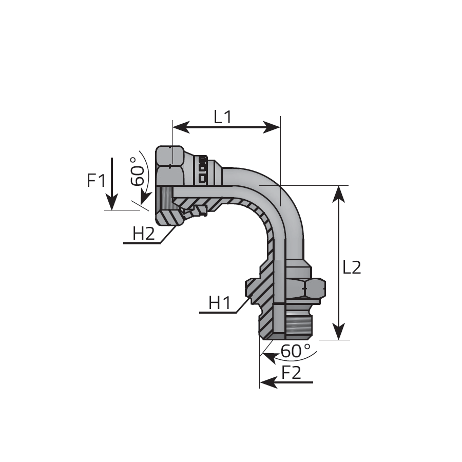 90° ADAPTER METRIC MALE - METRIC SWIVEL FEMALE