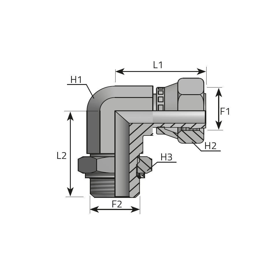 90° ADAPTOR FEMALE ORFS - ADJUSTABLE MALE BSPP WITH O-RING