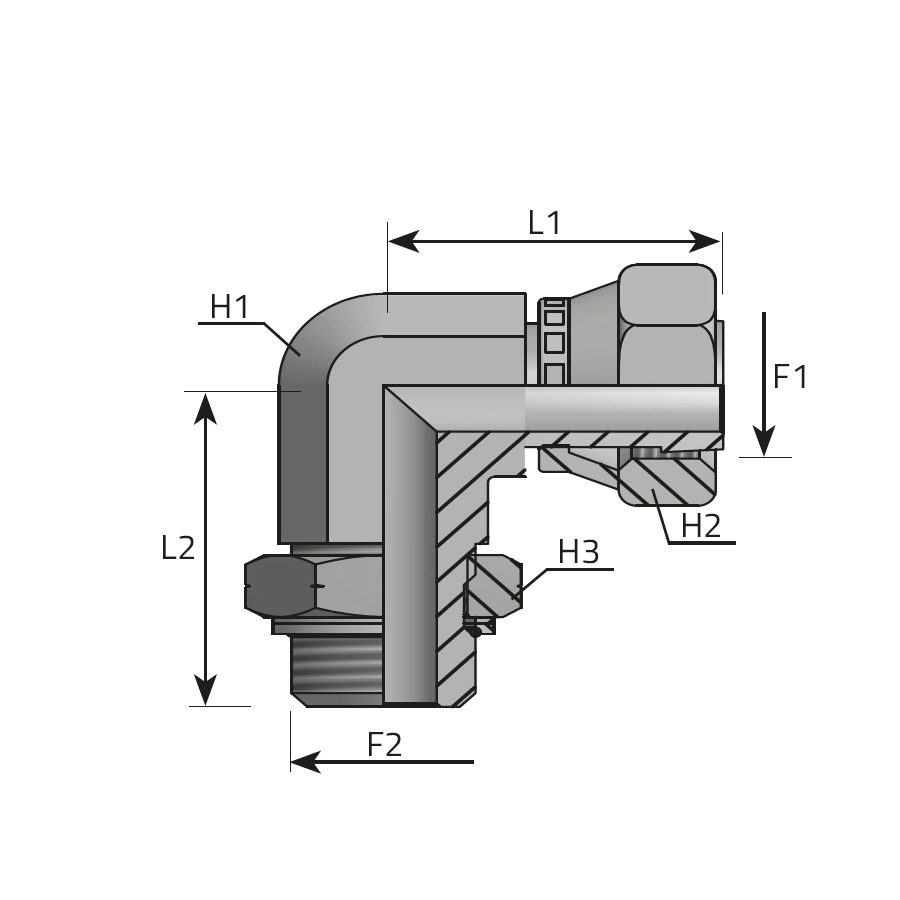 90° ADAPTOR FEMALE ORFS - ADJUSTABLE METRIC MALE WITH O-RING