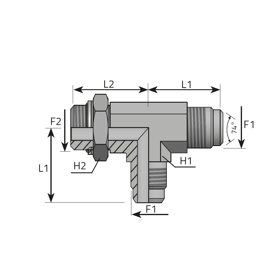 ADJUSTABLE RUN TEE MALE JIC - MALE BSPP / O-RING AND RETAINING SEAL