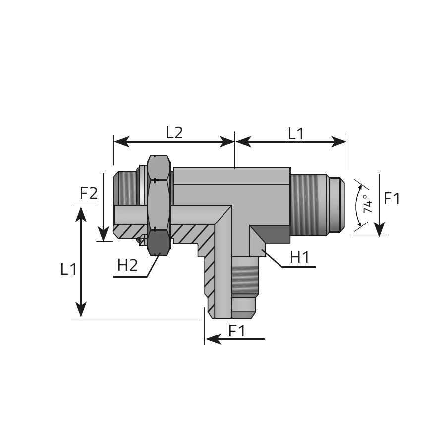 ADJUSTABLE RUN TEE MALE JIC - METRIC MALE / O-RING AND RETAINING SEAL