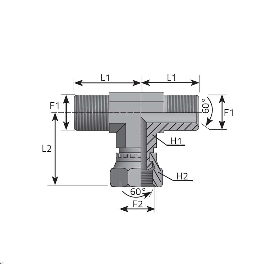 ADATTATORE “T”- MASCHIO GAS CILINDRICO SV 60° - FEMMINA GIREVOLE GAS CILINDRICA AL PIEDE -  Vitillo