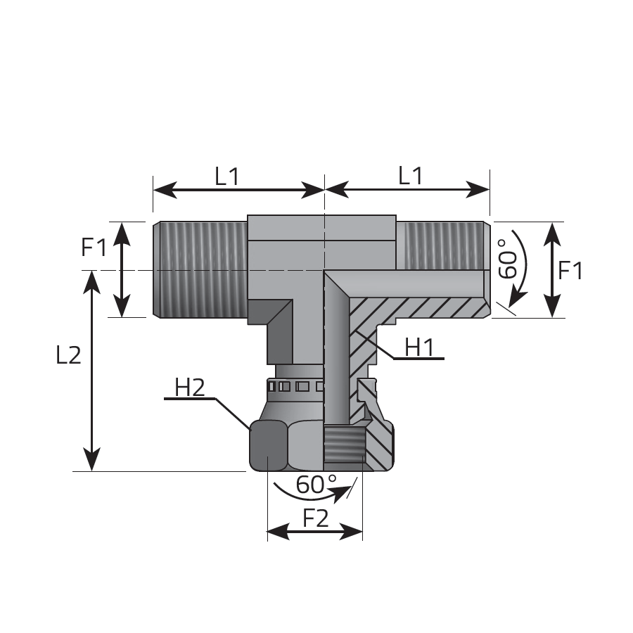 ADATTATORE “T” - MASCHIO METRICO SV 60°- FEMMINA GIREVOLE METRICA AL PIEDE -  Vitillo