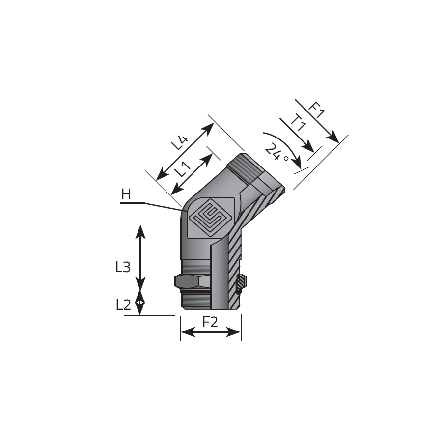 DIN MALE 45° ELBOW - METRIC MALE ADJUSTABLE AND RETAINING SEAL