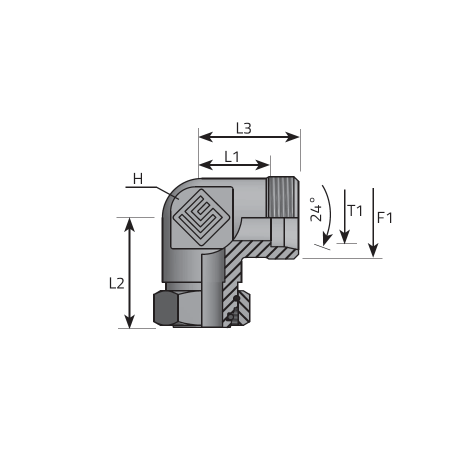 DIN MALE STUD ELBOW - DIN FEMALE WITH O-RING