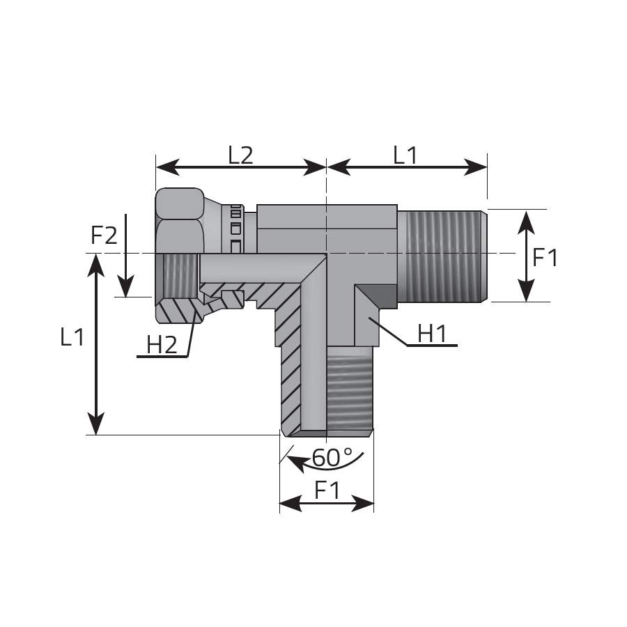 ADATTATORE “T” - MASCHIO METRICO SV 60°- FEMMINA GIREVOLE METRICA AL BRACCIO -  Vitillo