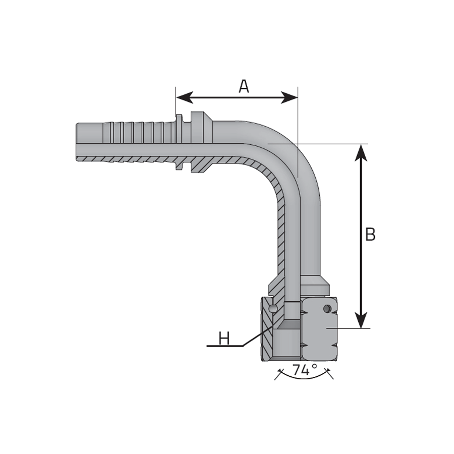 FEMMINA 90° JIC SV 37° CON DADO SPINATO LONG DROP