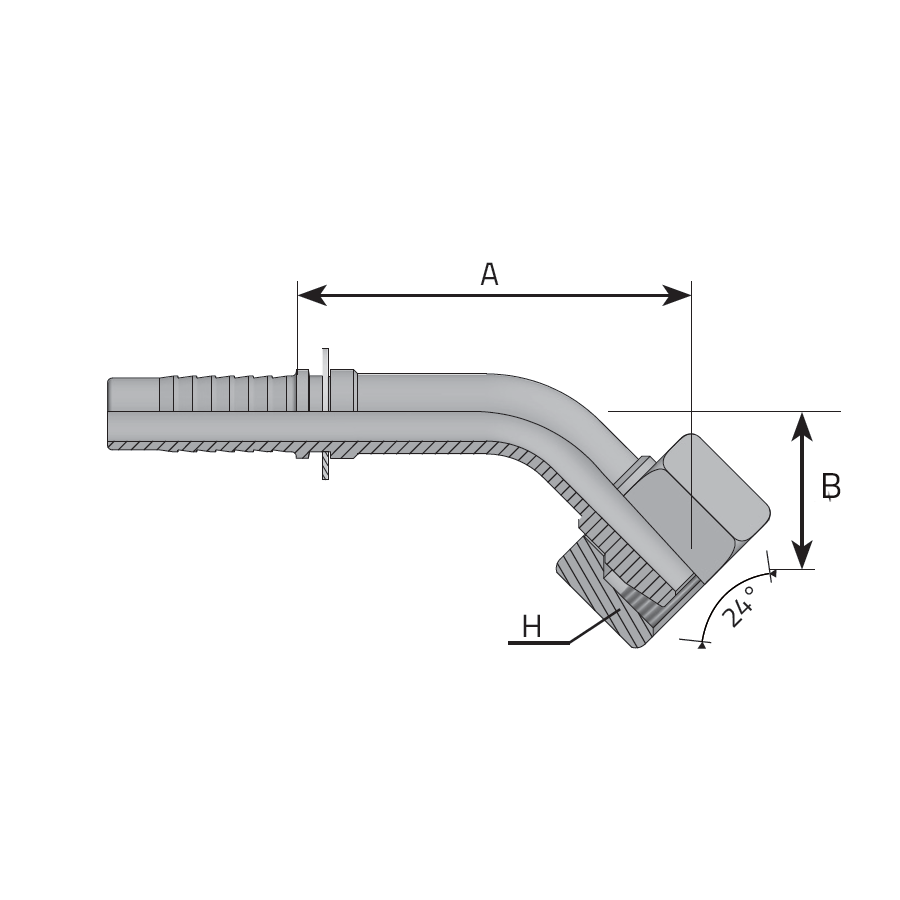 METRIC FEMALE 24° CONE - 45° ELBOW - FRENCH TYPE